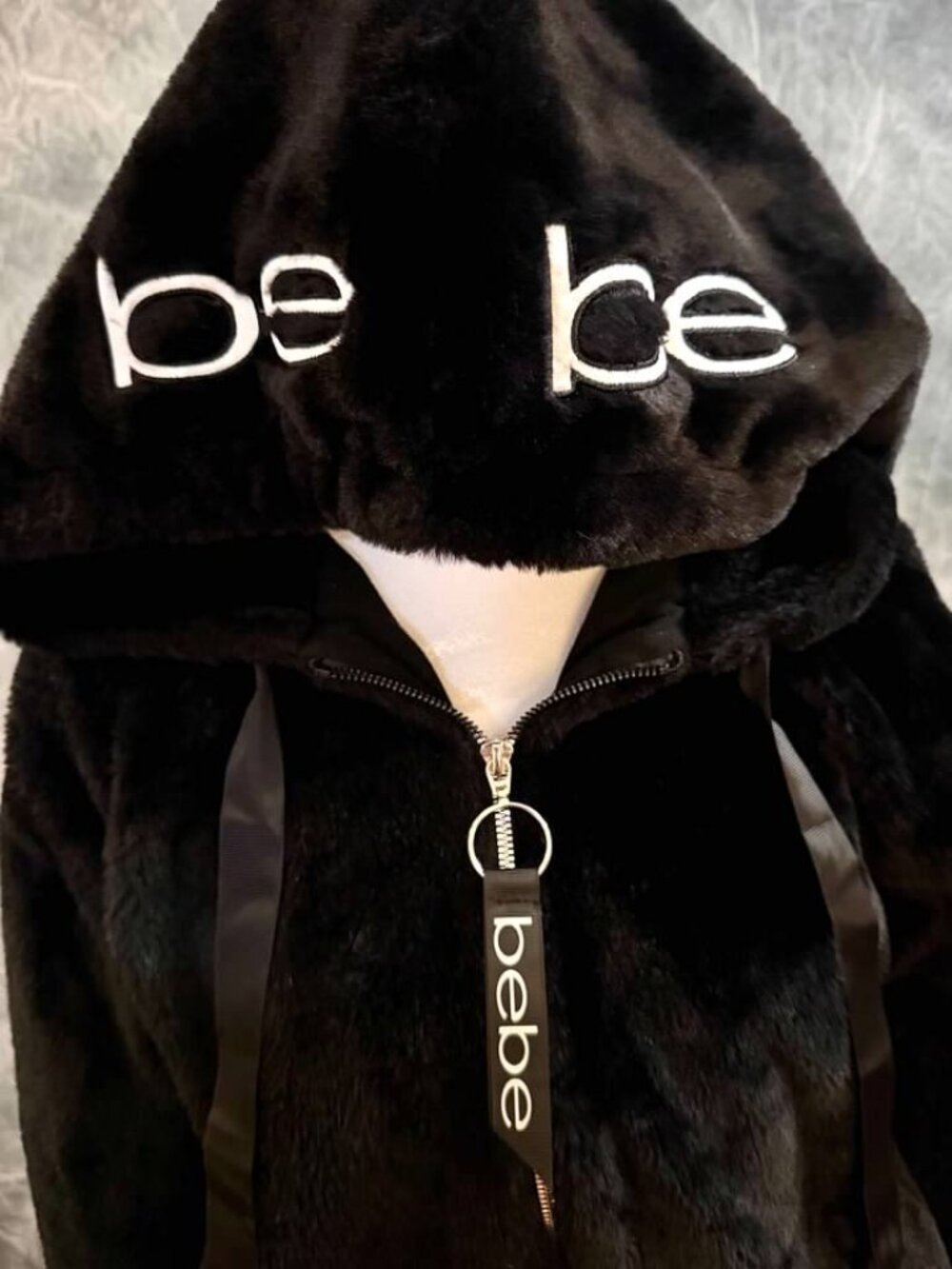 Bebe Black Faux Fur Full Zip Hoodie Jacket with Embroidered Logo - Medium - Picture 2 of 5